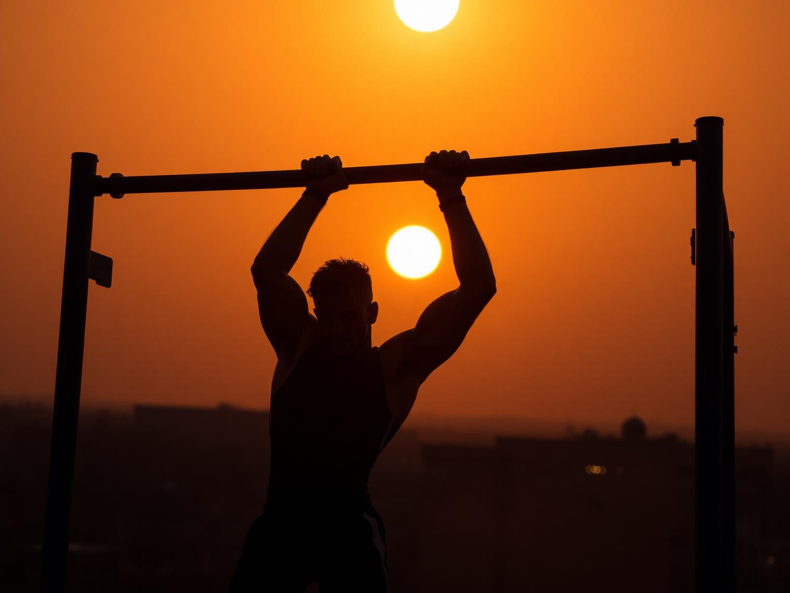 Calisthenics athlete on outdoor pull-up bars at golden hour